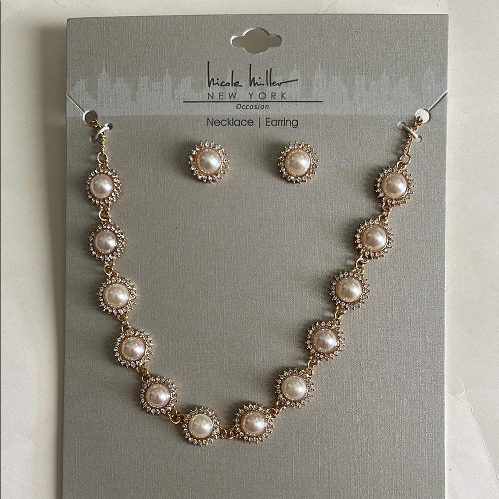 Nicole Miller Gold and Faux Pearl Necklace& Earrings Set